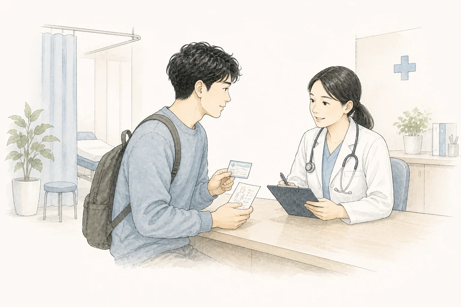 在日本诊所出示健康保险卡并向医护人员说明身体状况