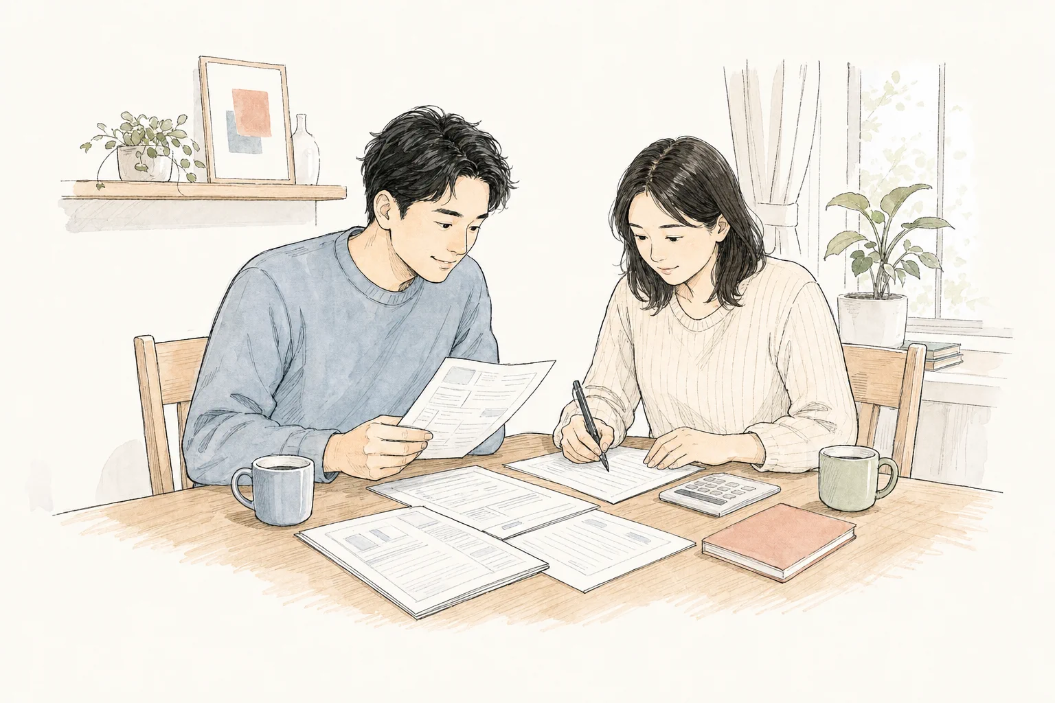 两位在日生活者一起整理账单和手续文件