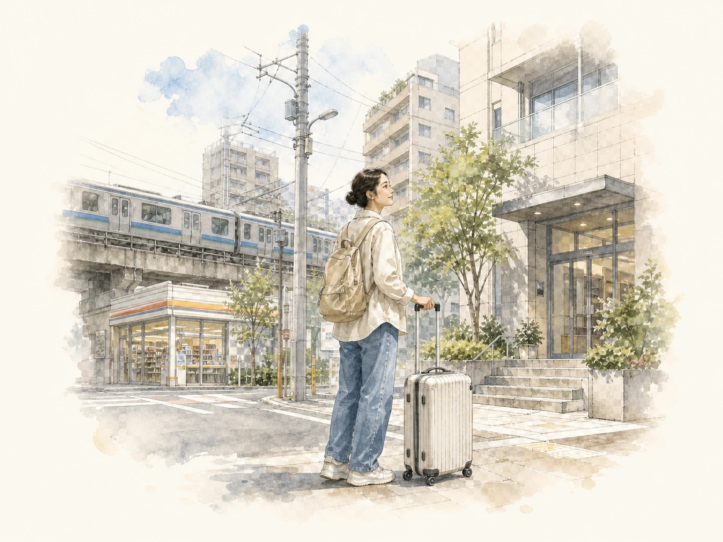 刚到日本的人带着行李站在电车经过的街区